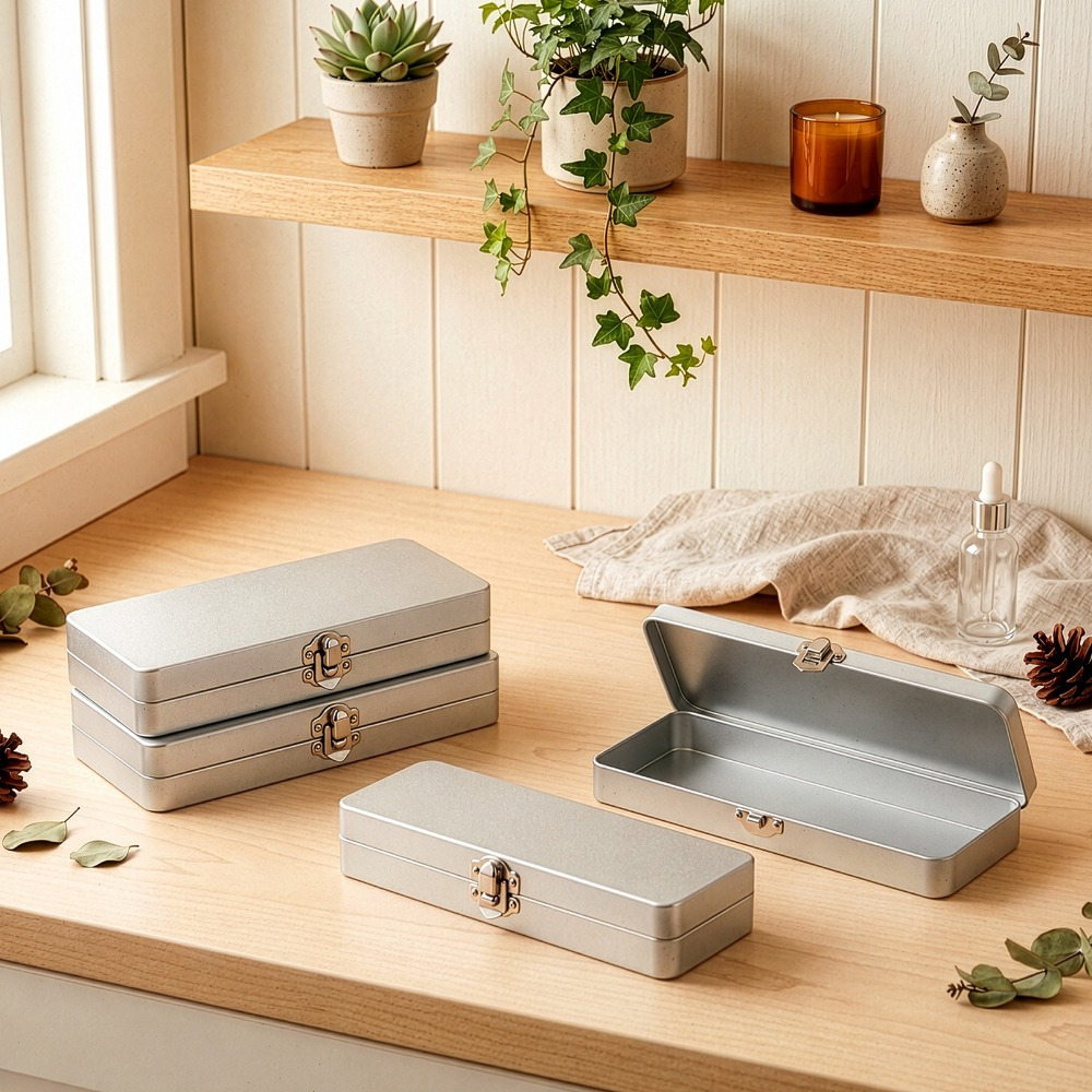 Set of 4 Rectangular Metal Tins, Silver Storage Boxes